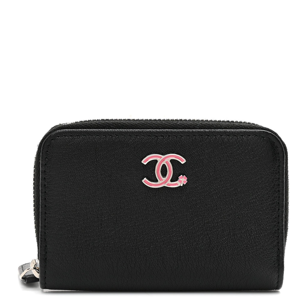 Goatskin Camellia Zip Coin Purse Black