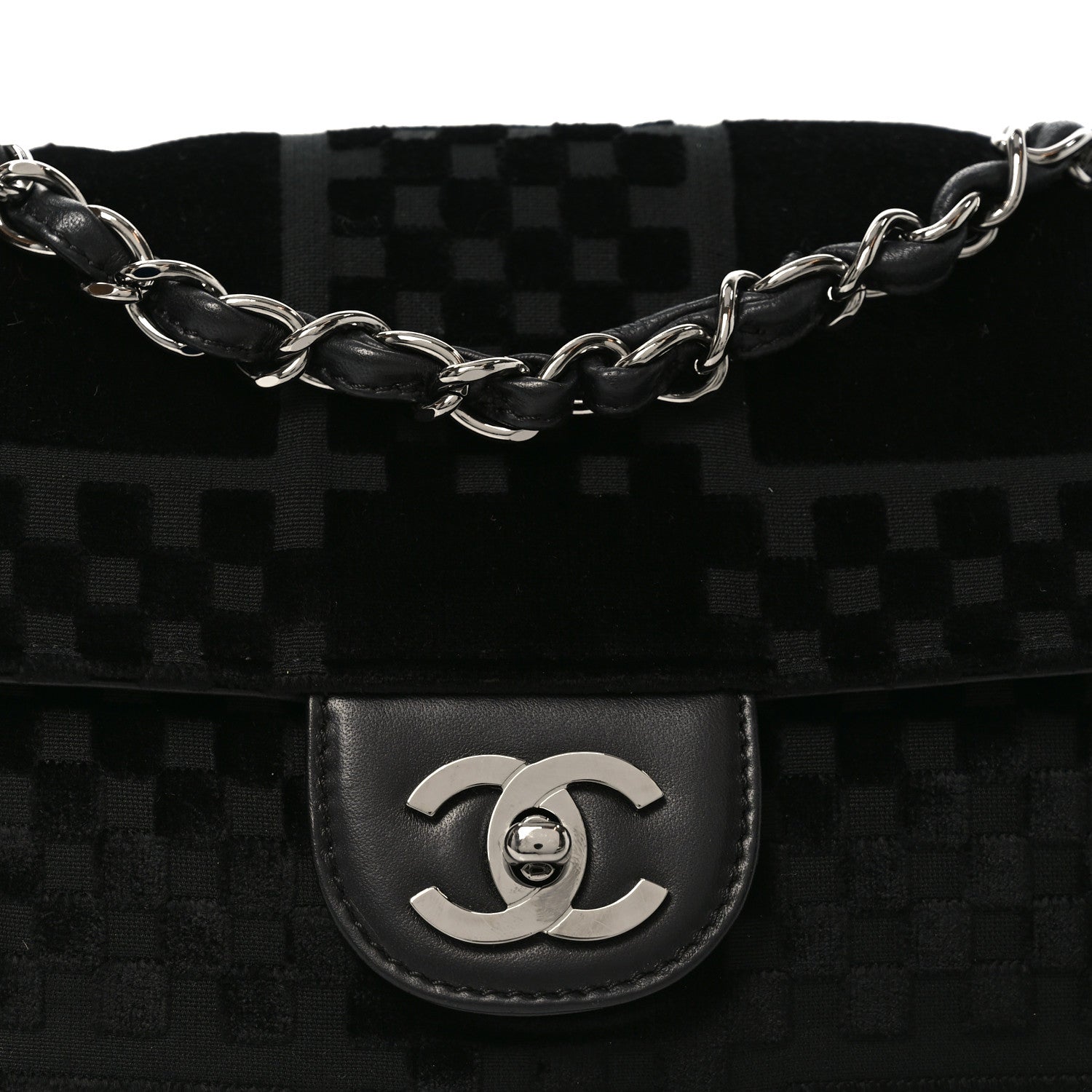 Velvet Checkered Flap Bag Black