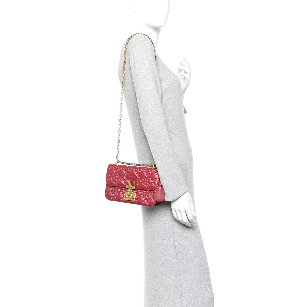 Lambskin Cannage Studded Small Dioraddict Flap Bag Red