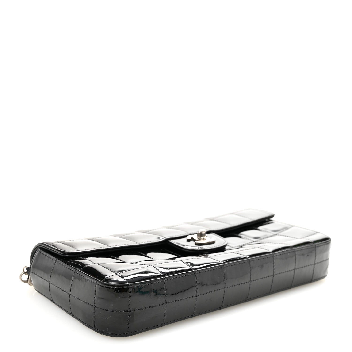 Patent Quilted East West Chocolate Bar Flap Black