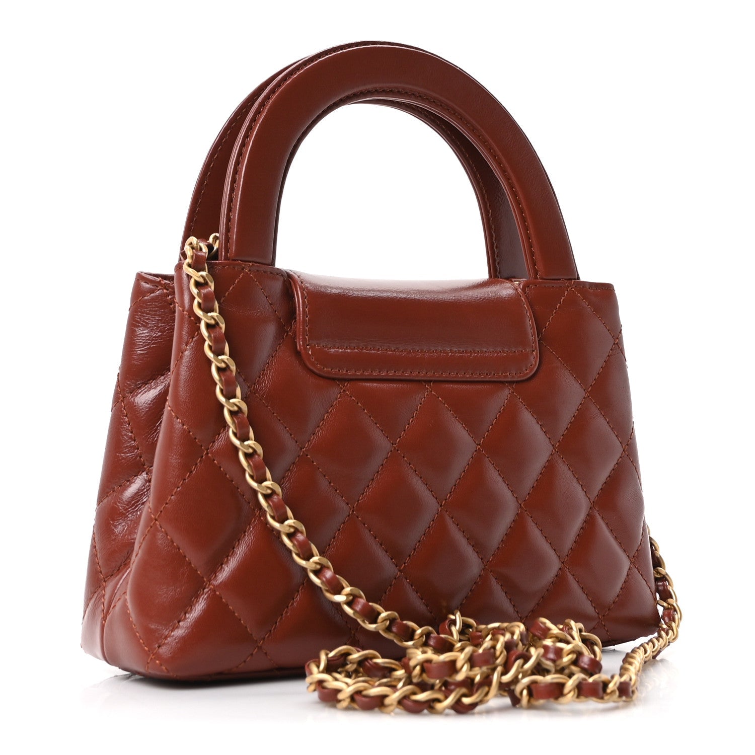 Shiny Aged Calfskin Quilted Nano Kelly Shopper Brown