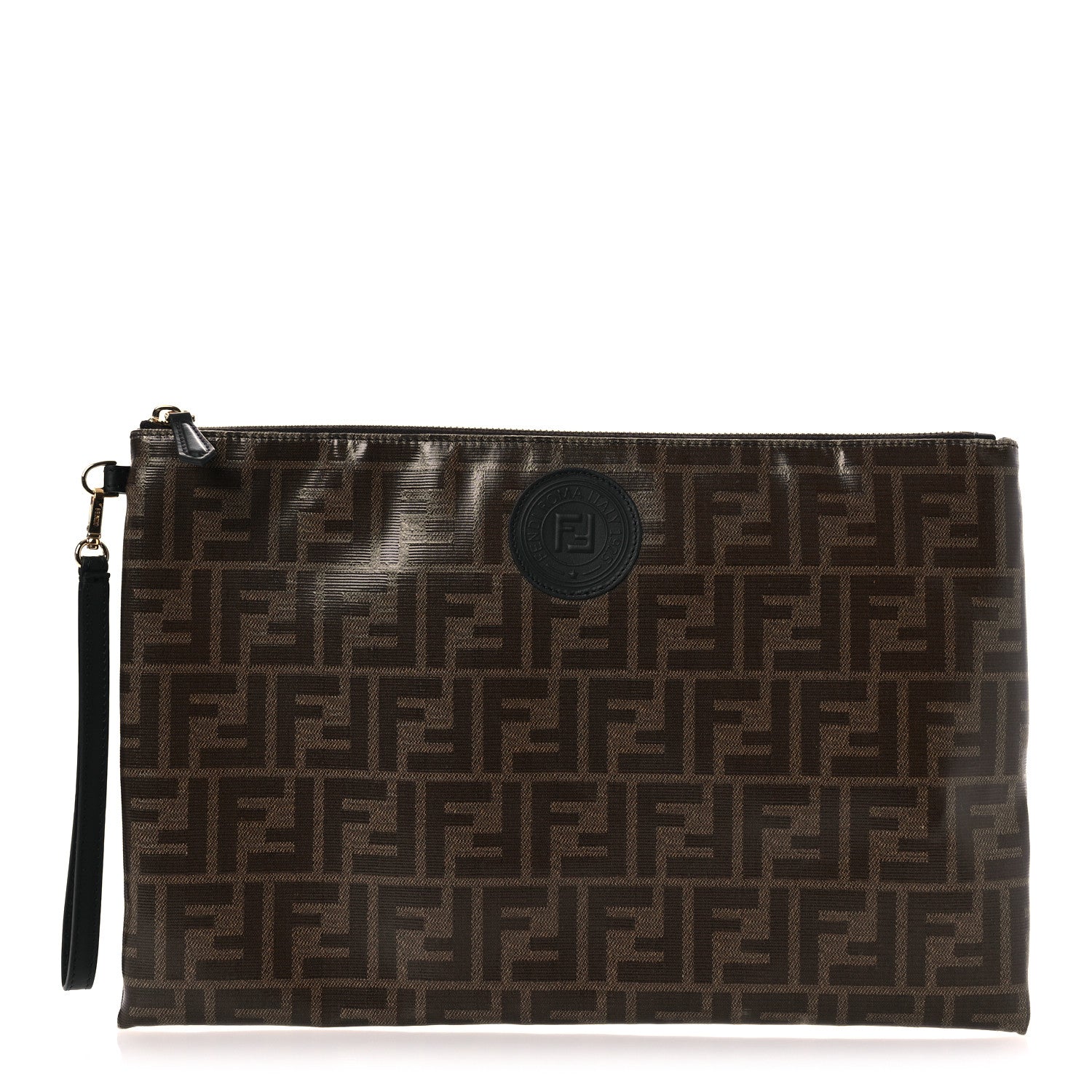 Glazed Fabric Vitello Century FF 1974 Stamp Patch Large Flat Pouch Mogano Panna Black