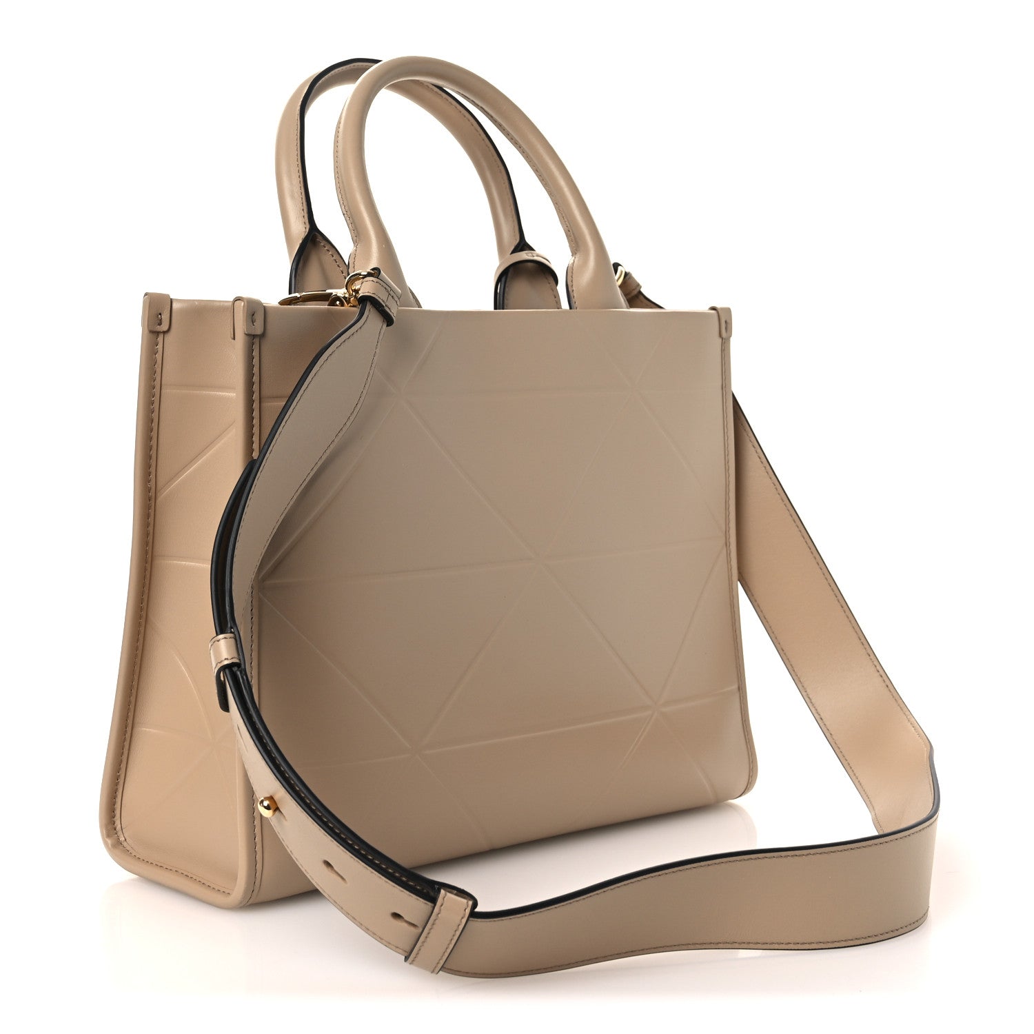 Soft Calfskin Triangolo Symbole Embossed Small Tote Sabbia