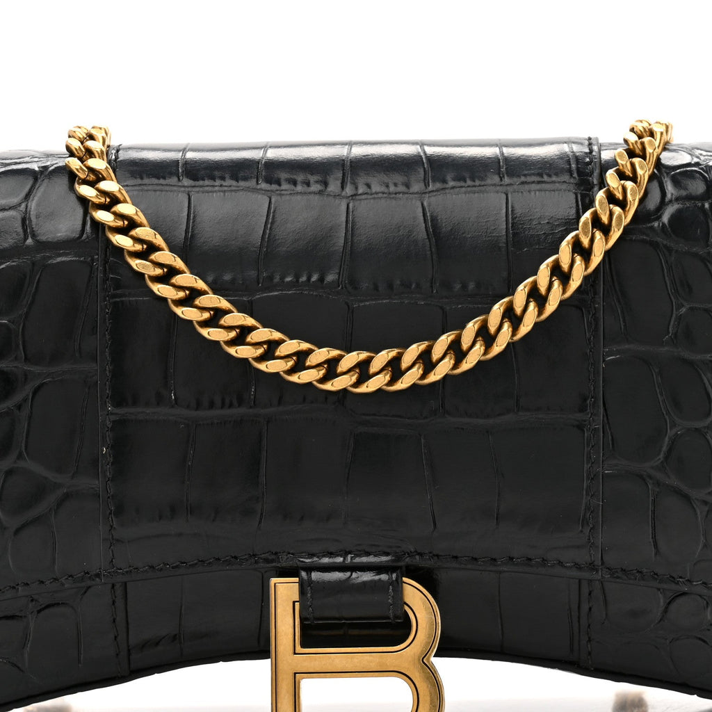 Shiny Calfskin Crocodile Embossed Hourglass Chain Bag Black