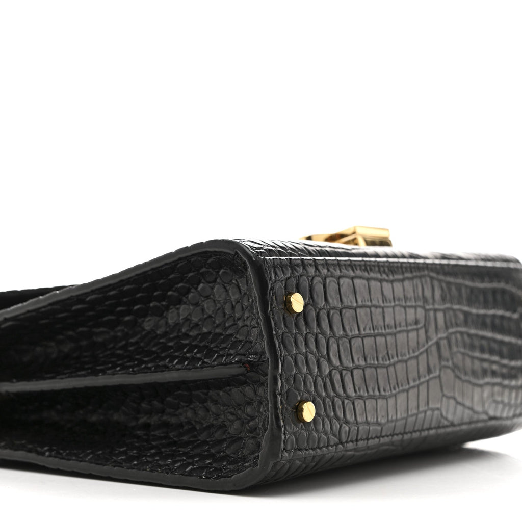 Calfskin Crocodile Embossed Mini Classic Monogram Cassandra Top Handle Black