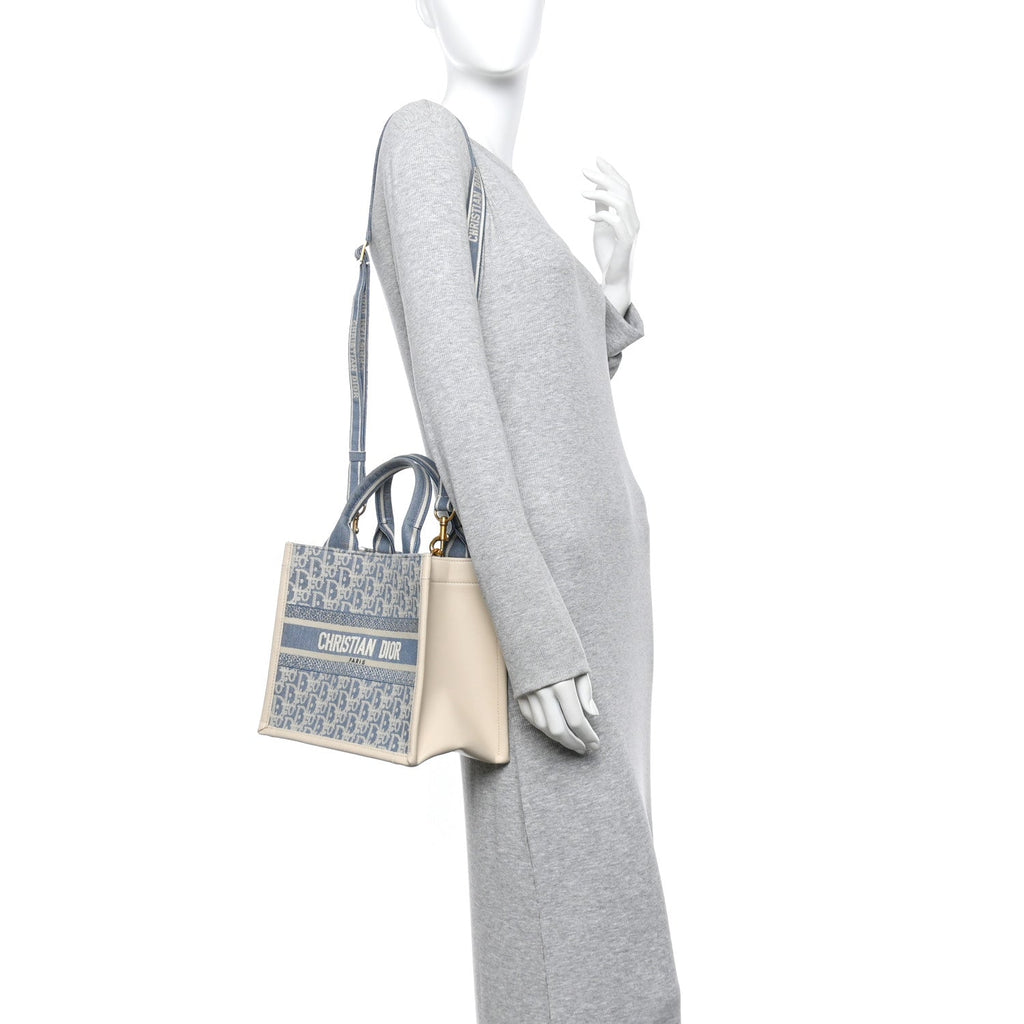 Oblique Chambray Calfskin Small Book Tote With Strap Blue Latte