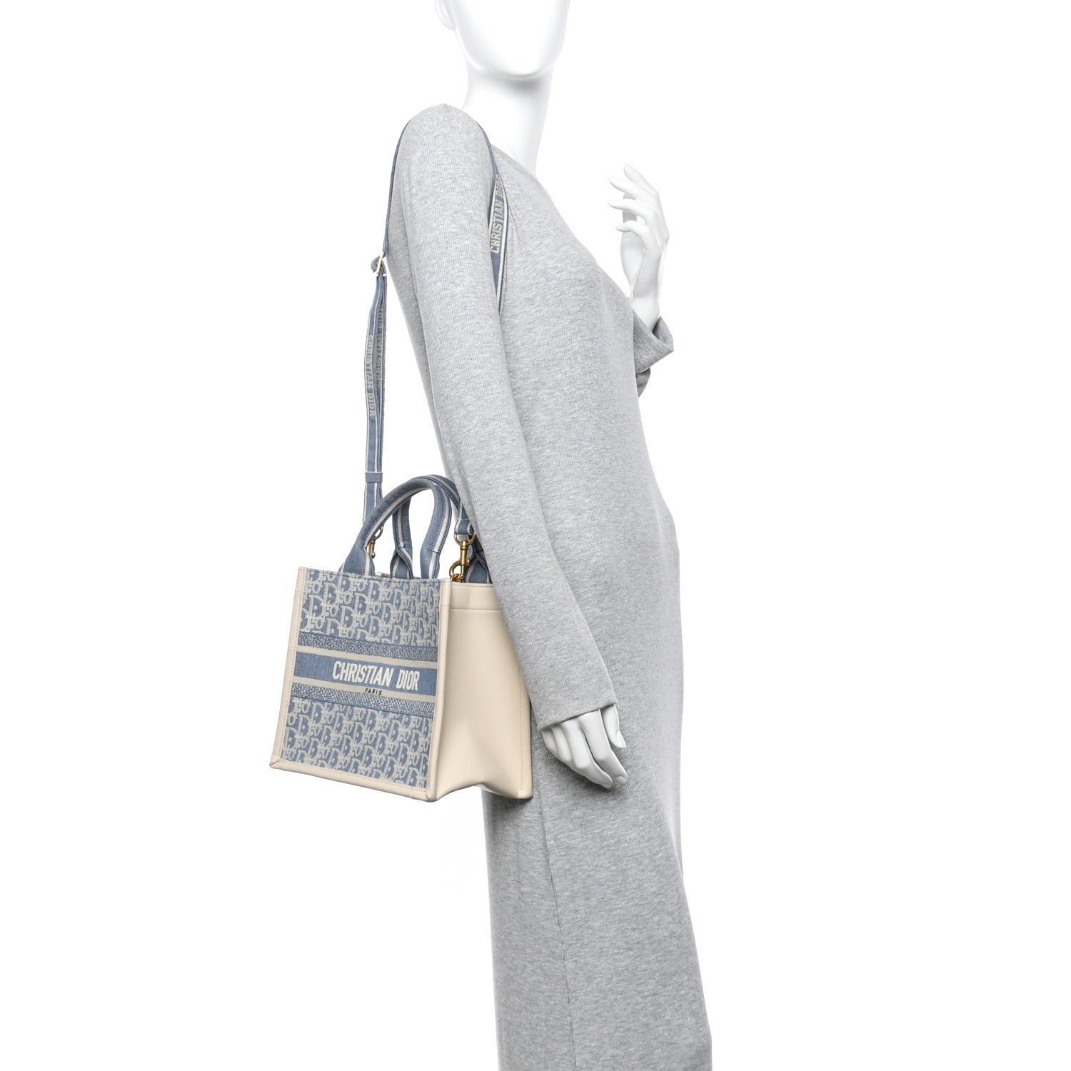 Oblique Chambray Calfskin Small Book Tote With Strap Blue Latte