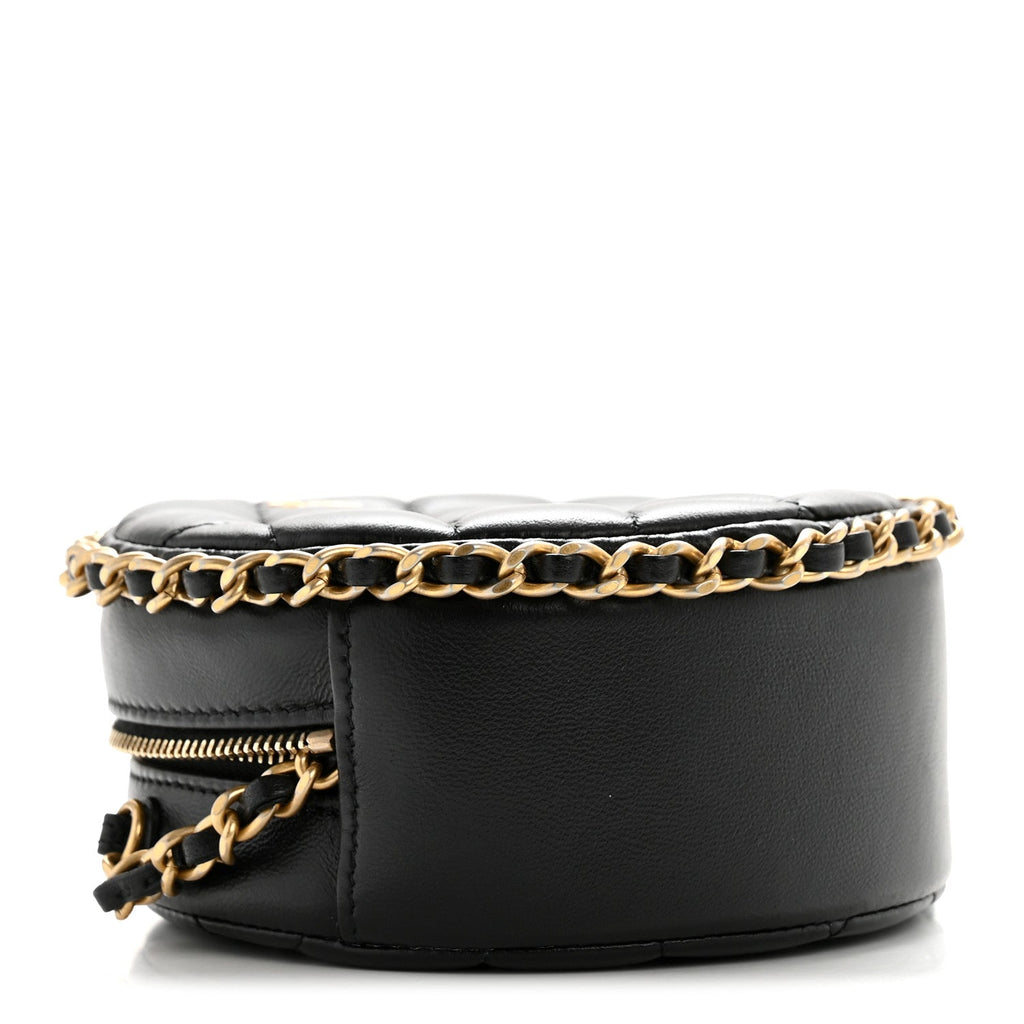 Lambskin Quilted Chain Around CC Round Clutch With Chain Black