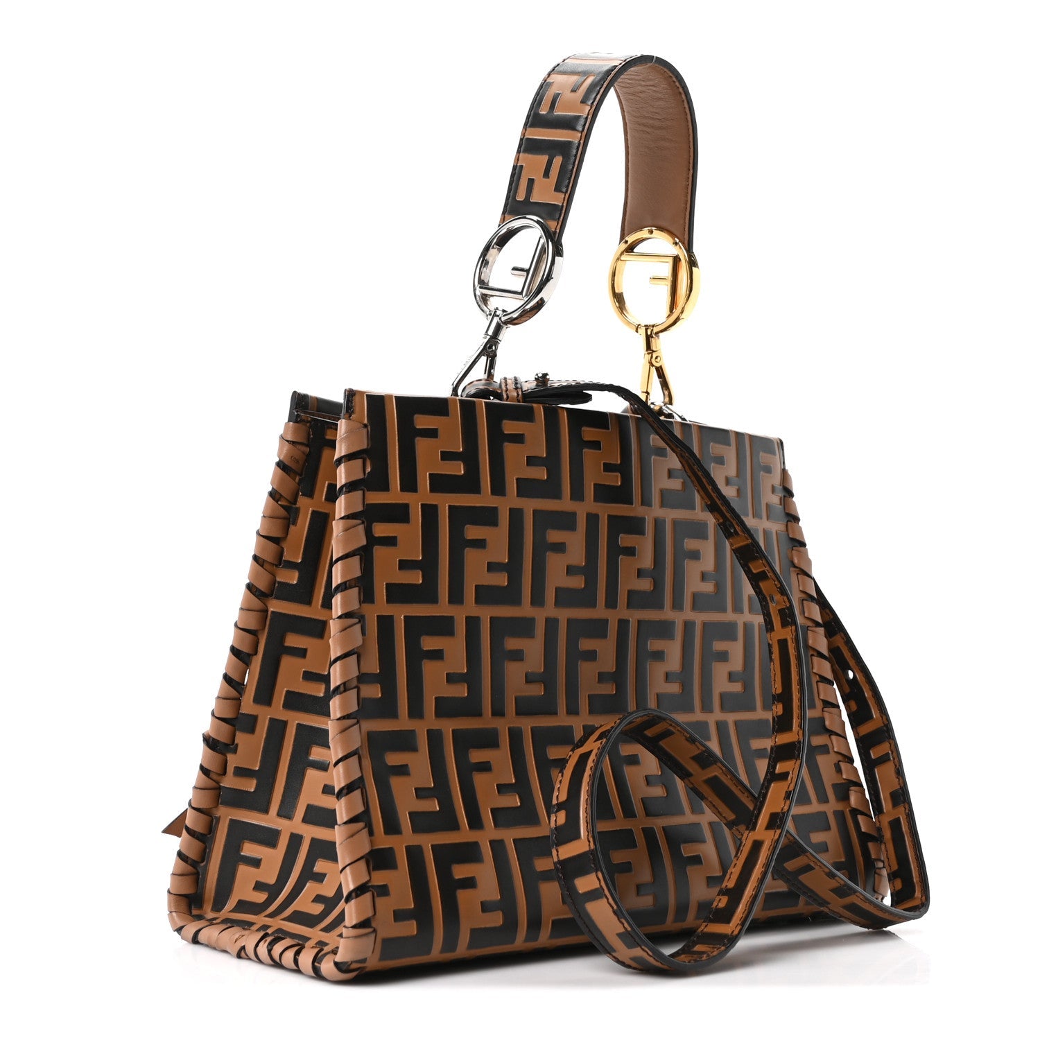 Vitello Century F is Fendi Whipstitch Threads FF Embossed Small Runaway Satchel Tobacco Orzo