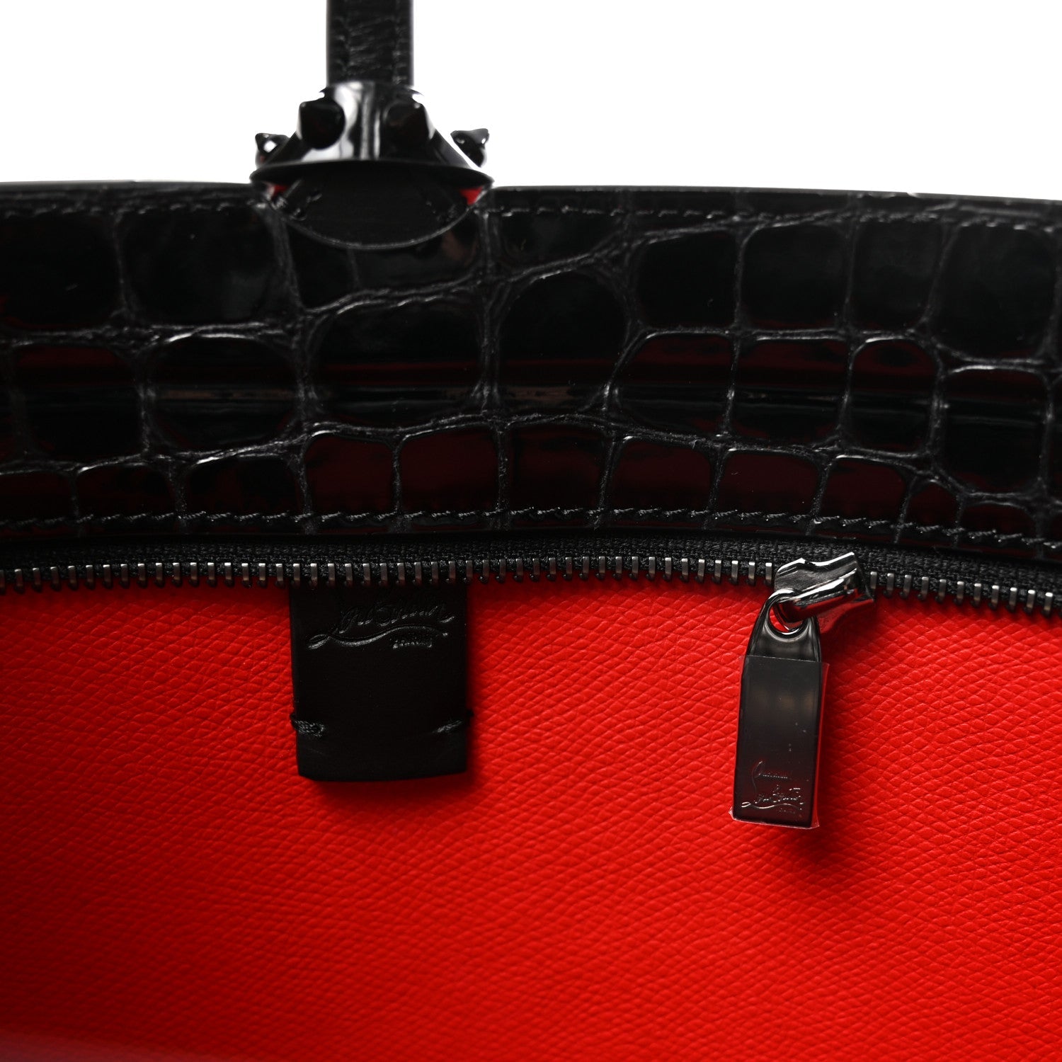 Patent Calfskin Crocodile Embossed Spikes Zipped Cabata Tote Black