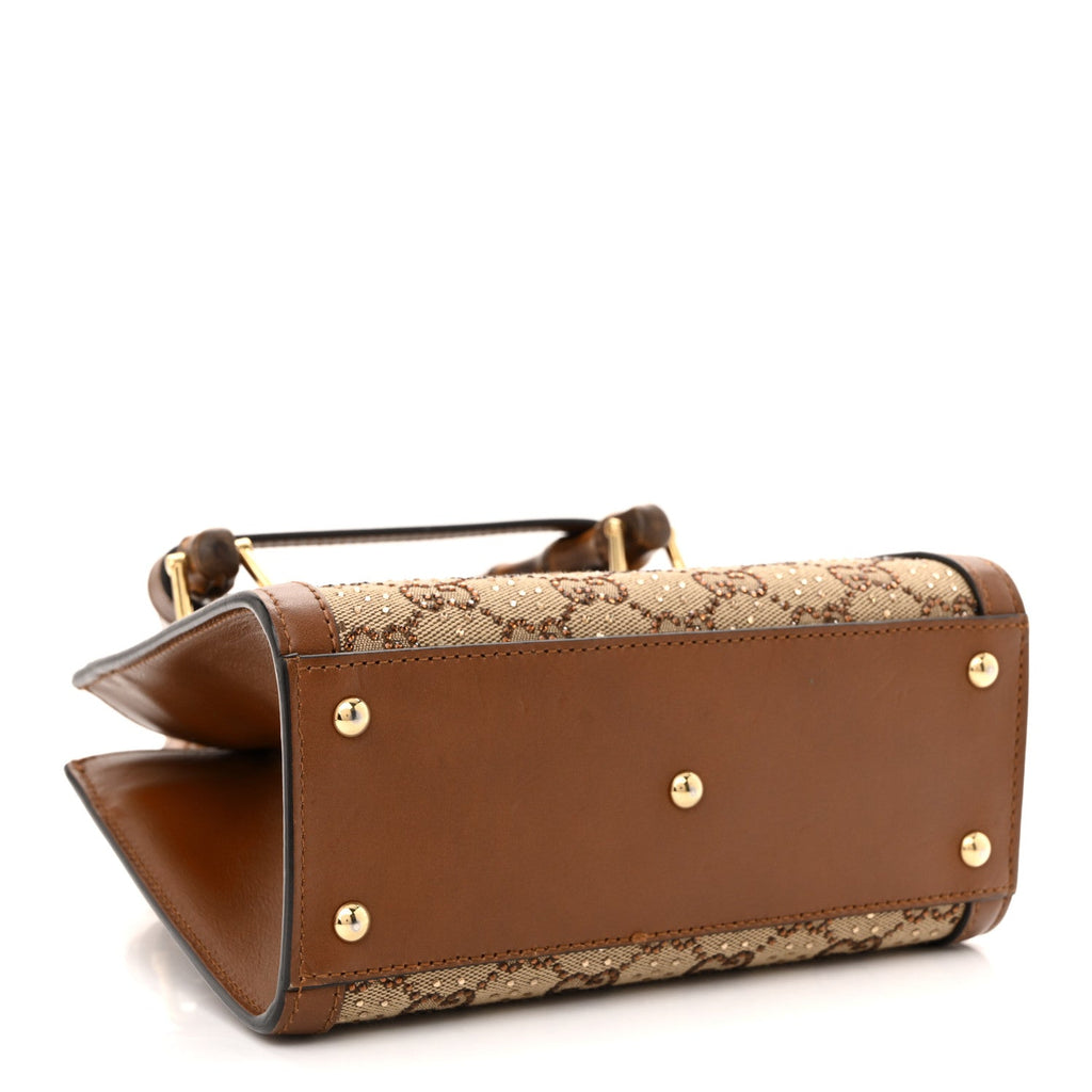 New Canvas Charisma Calfskin Crystal GG Monogram Mini Diana Tote Bag Camel Ebony