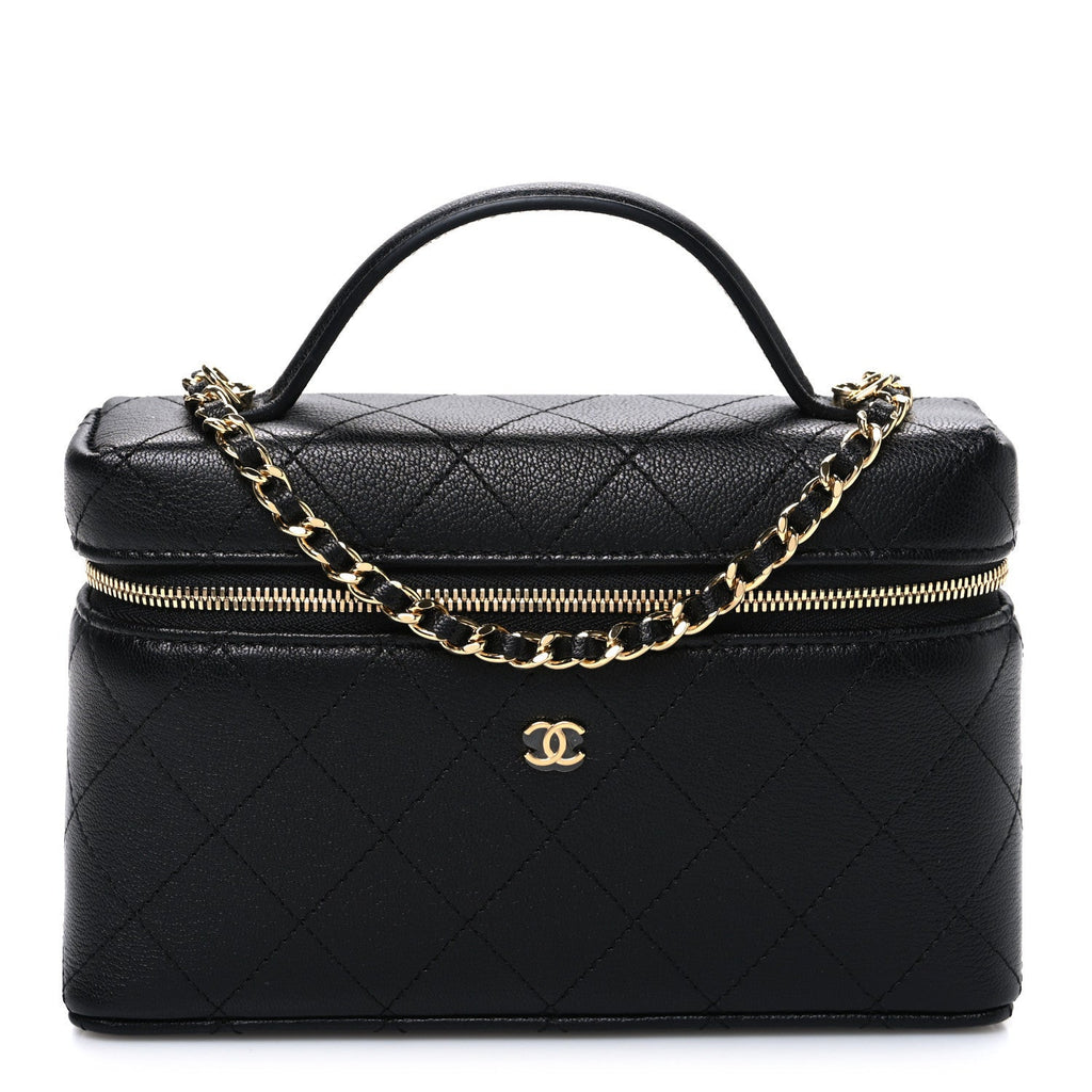 Goatskin Stitched Top Handle Slim Vanity With Chain Black