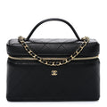 Goatskin Stitched Top Handle Slim Vanity With Chain Black