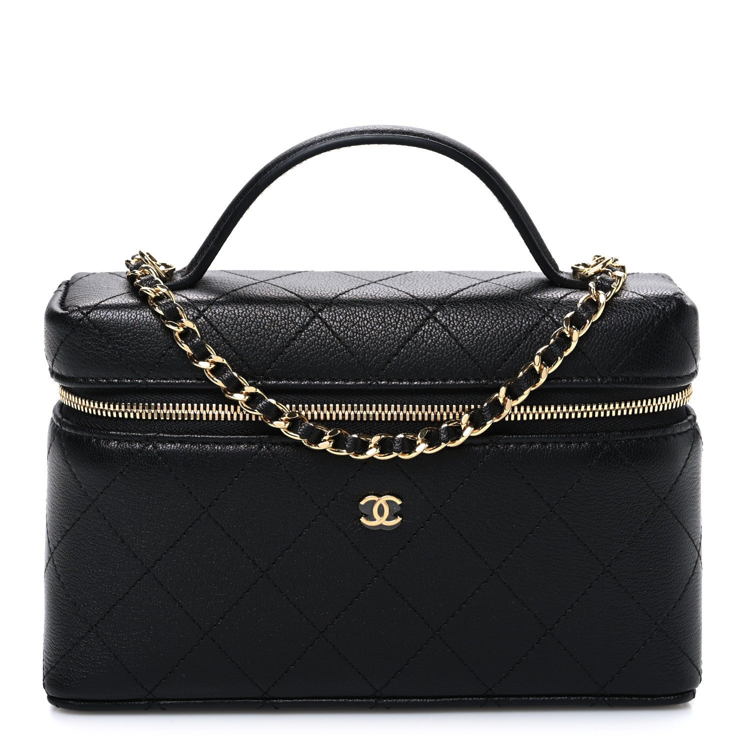 Goatskin Stitched Top Handle Slim Vanity With Chain Black