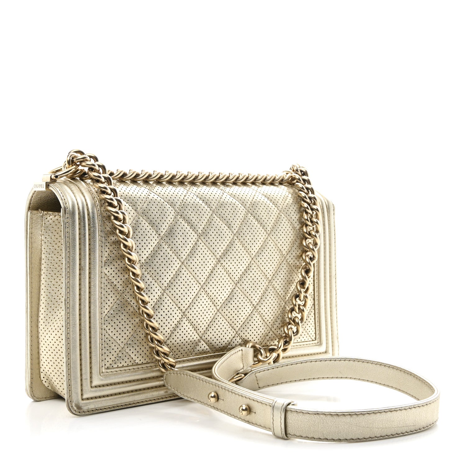 Lambskin Perforated Quilted New Medium Boy Flap Gold