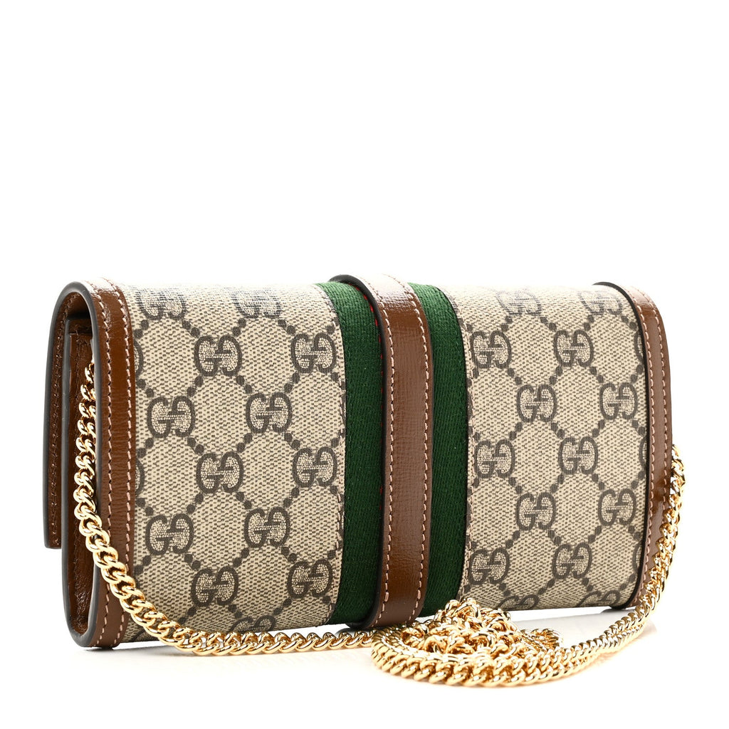 GG Supreme Monogram Azalea Calfskin Web Jackie 1961 Chain Wallet Beige Ebony Brown Sugar