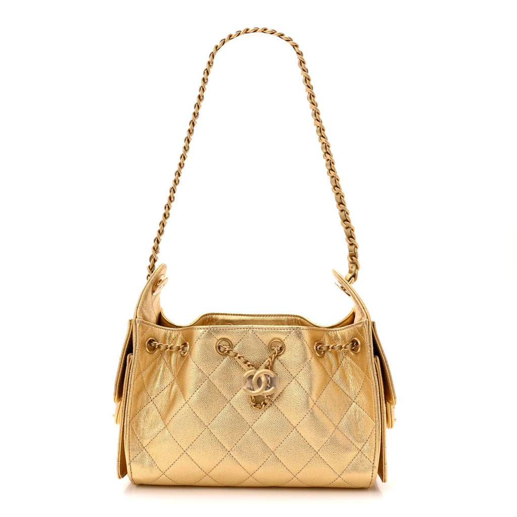 Metallic Caviar Quilted Mini Chanel 25 Handbag Gold