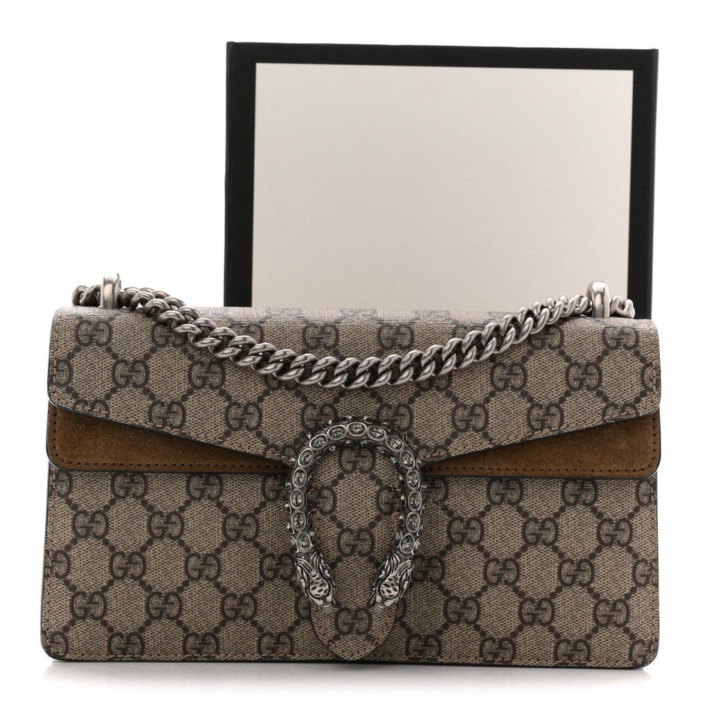 GG Supreme Monogram Suede Crystal Small Dionysus Shoulder Bag Beige Ebony Taupe