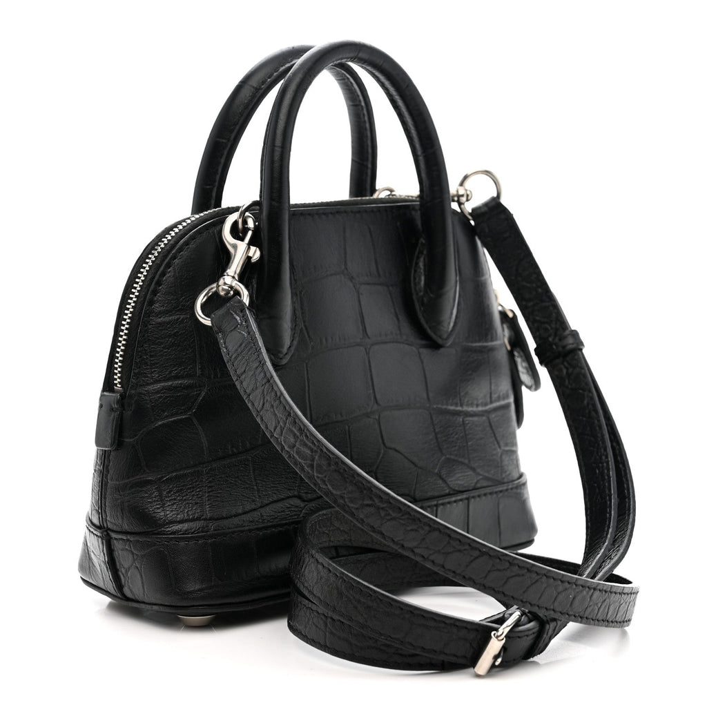 Calfskin Logo Crocodile Embossed XXS Ville Top Handle Bag Black