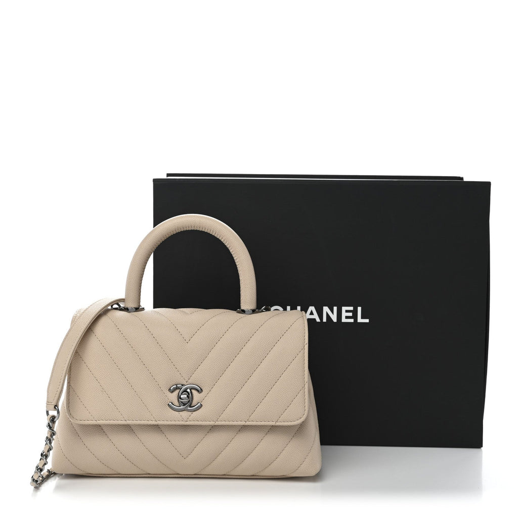 Caviar Chevron Quilted Mini Coco Handle Flap Beige