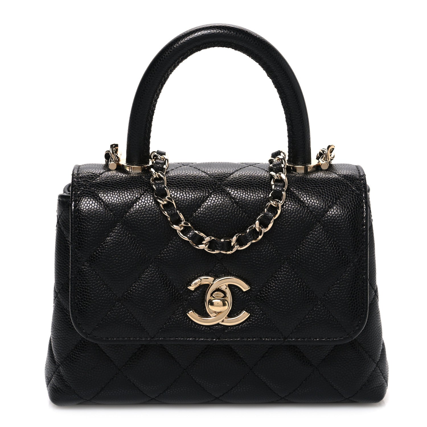 Caviar Quilted Coco Handle Clutch With Chain Black