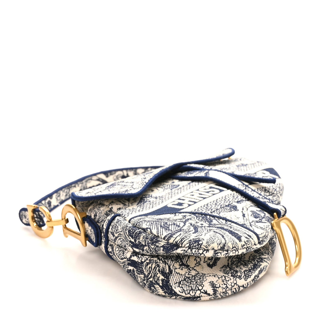 Canvas Embroidered Toile de Jouy Saddle Bag Blue