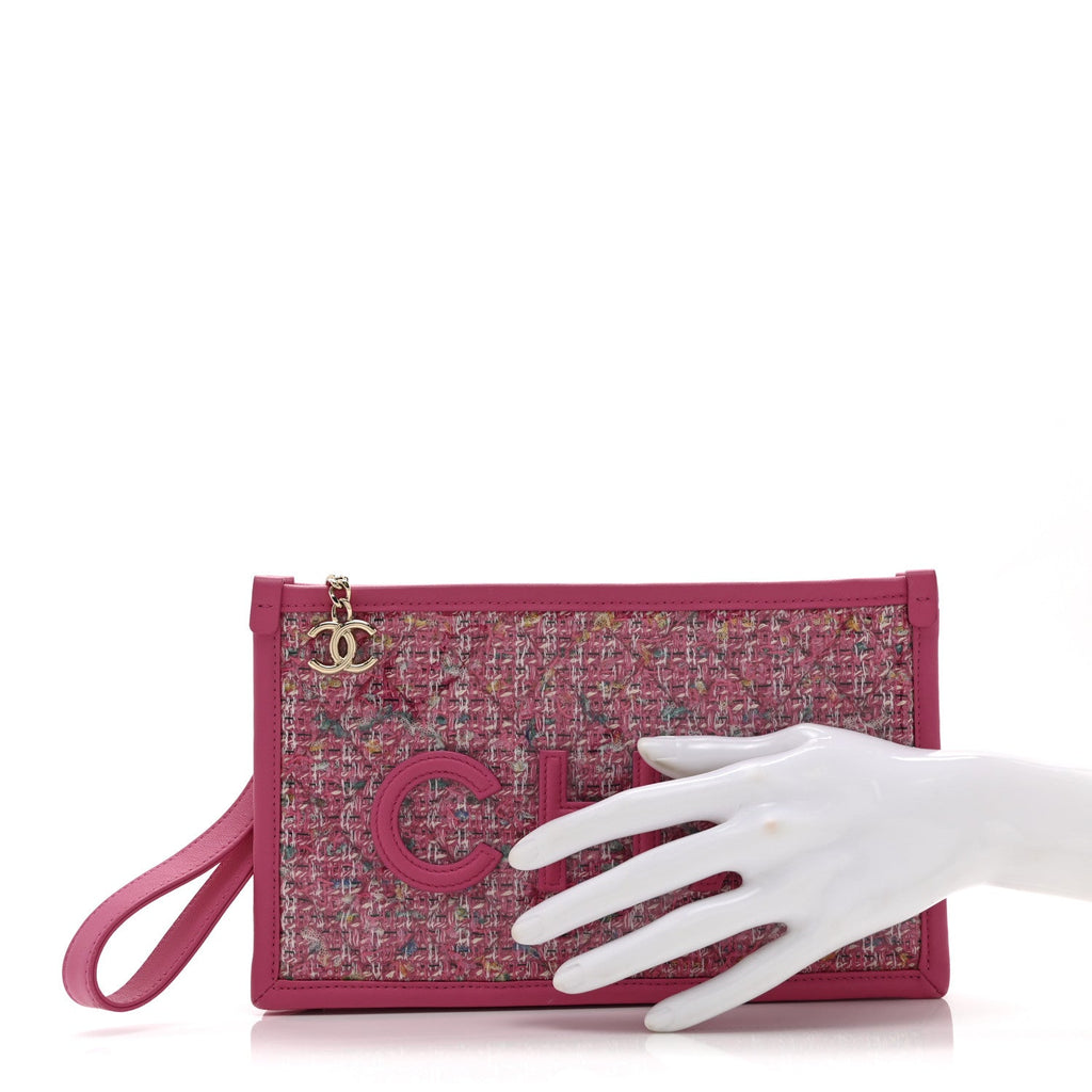 Tweed PVC Lambskin Wristlet Pouch Pink