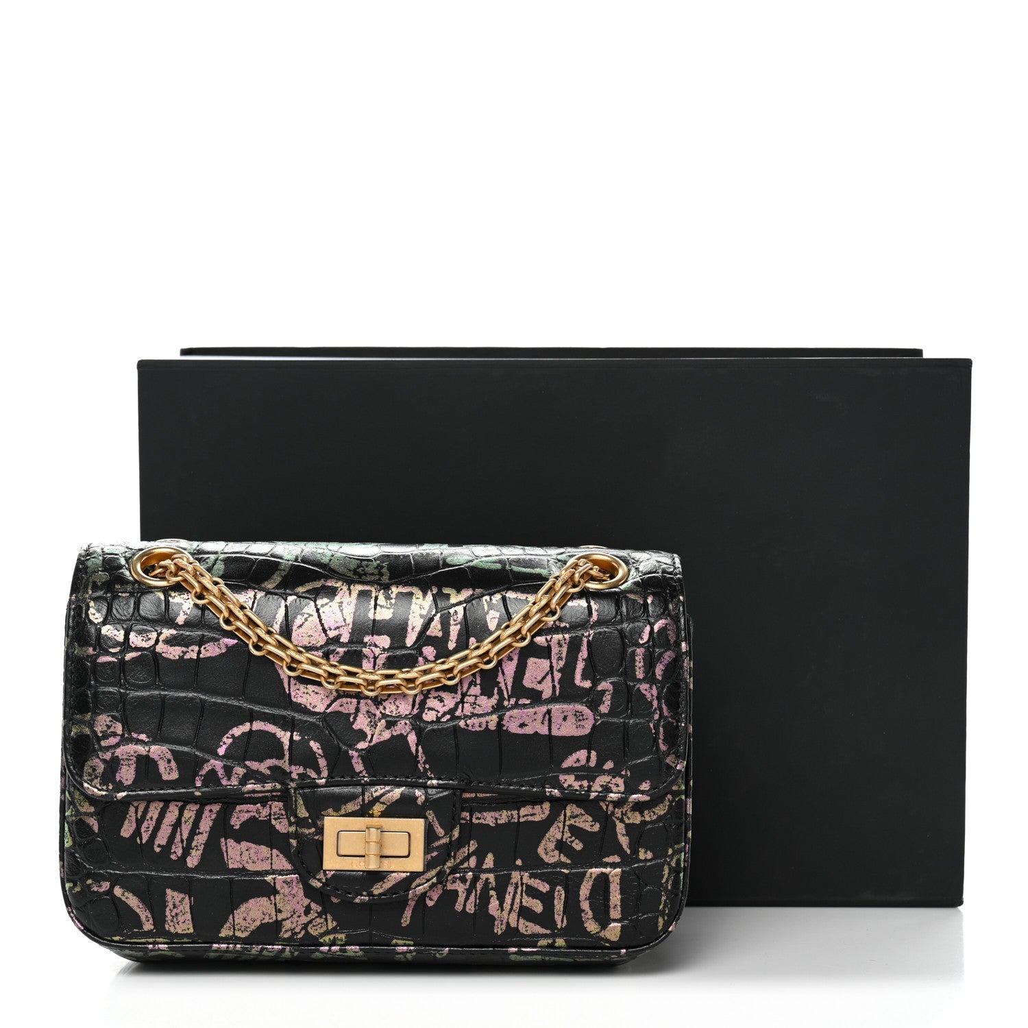 Calfskin Crocodile Embossed Graffiti 2.55 Mini Cocodile Reissue Flap Black Pink