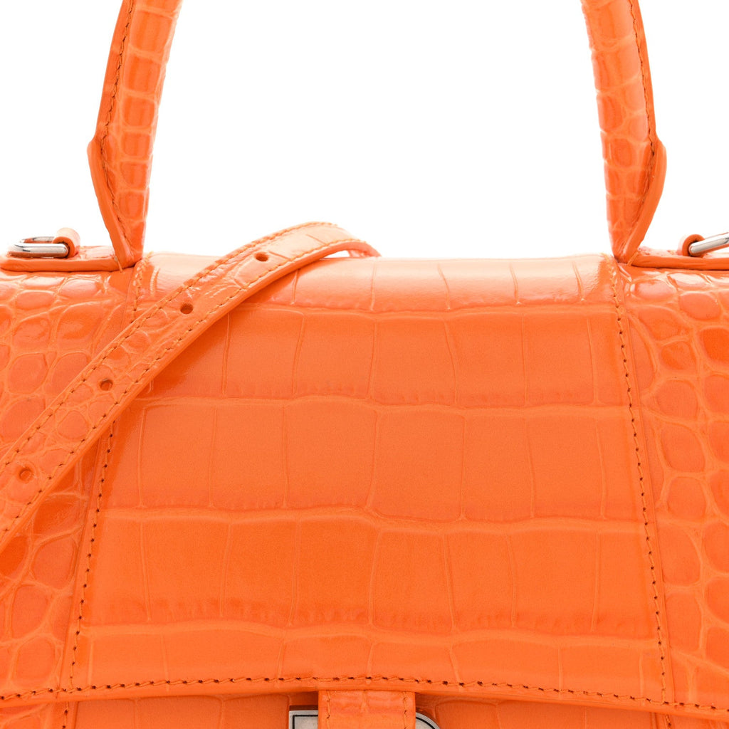 Shiny Calfskin Crocodile Embossed Small Hourglass Top Handle Bag Pop Orange