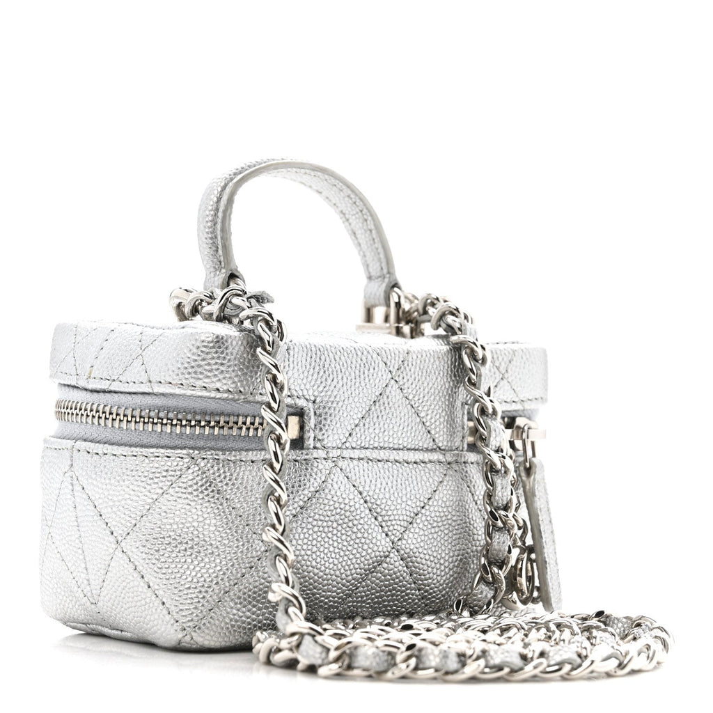 Metallic Caviar Quilted Mini Top Handle Vanity With Chain Silver