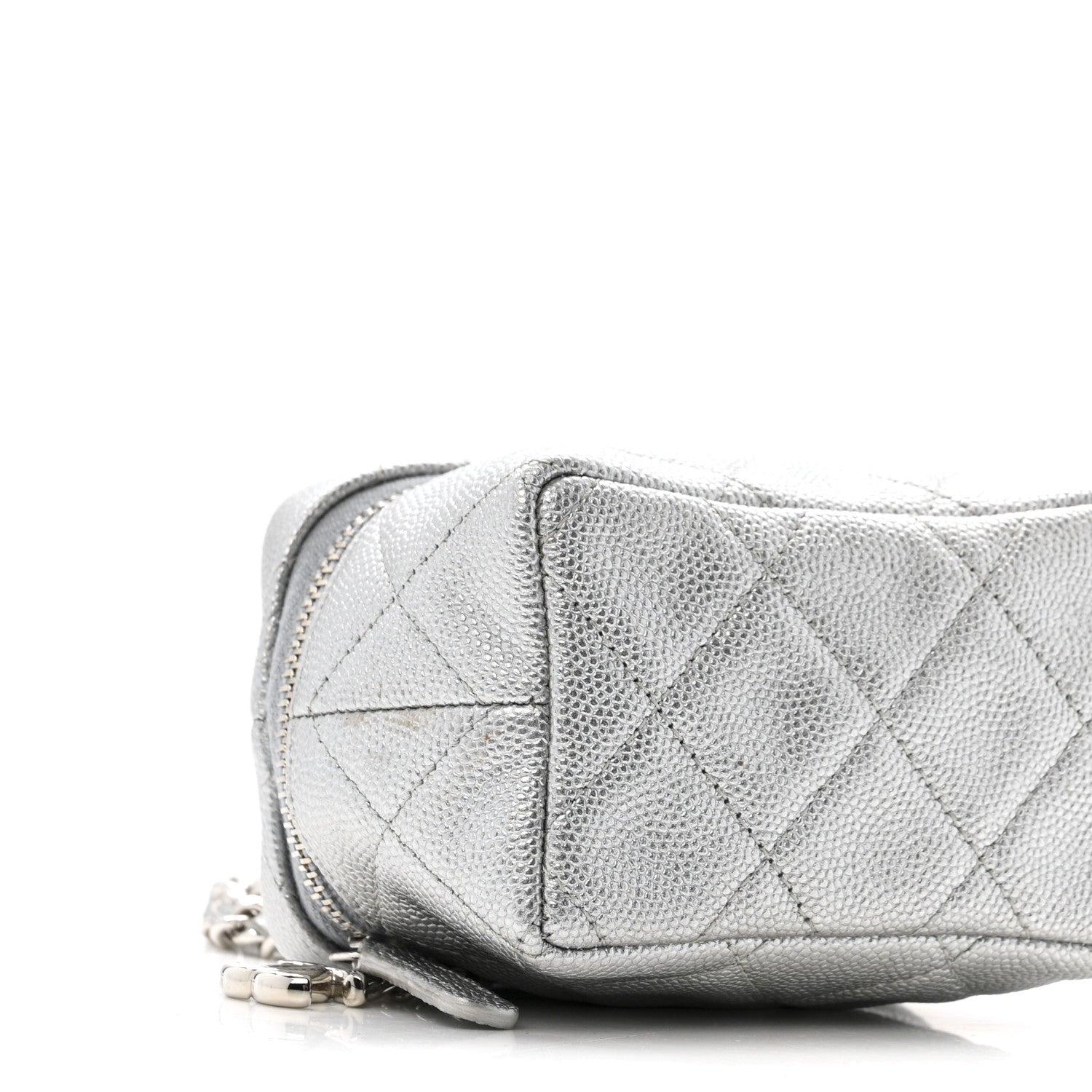 Metallic Caviar Quilted Mini Top Handle Vanity With Chain Silver