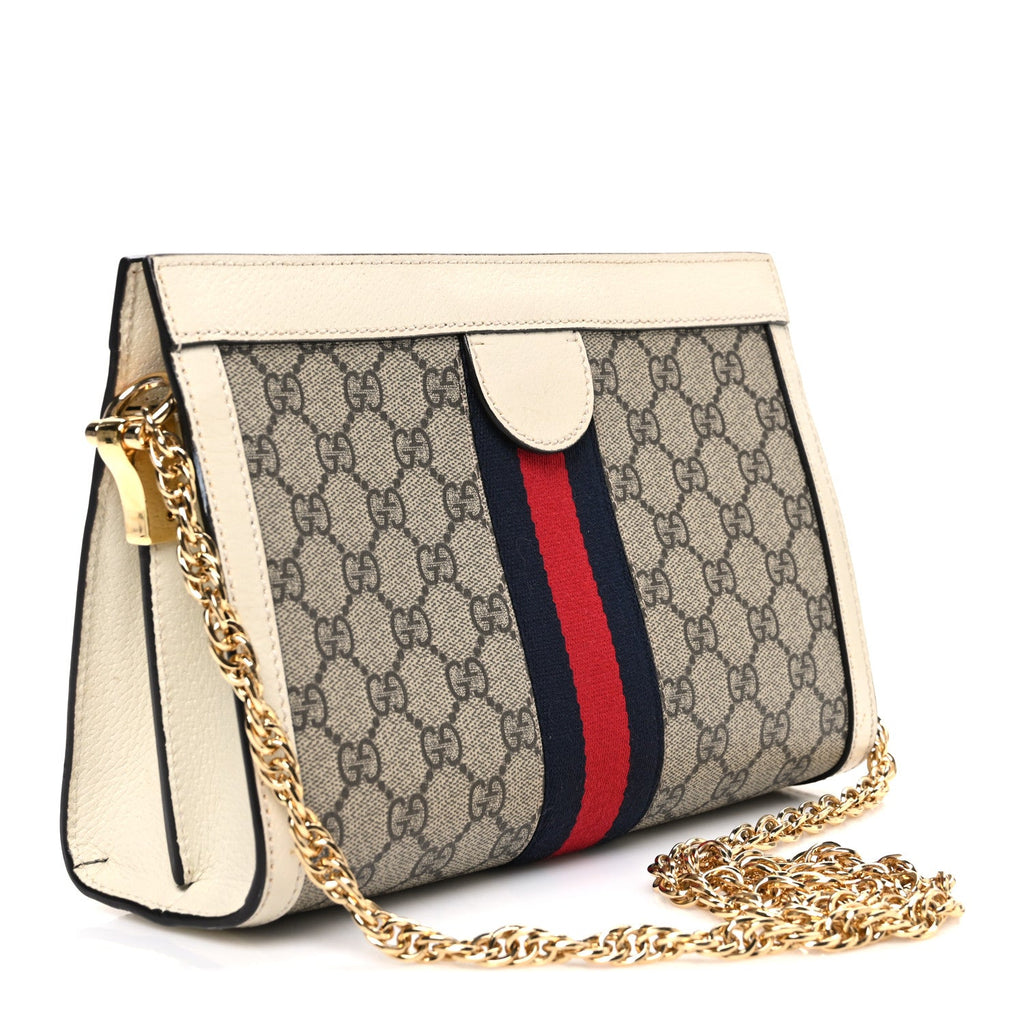 GG Supreme Monogram Textured Calfskin Web Small Ophidia Chain Shoulder Bag Beige Ebony Mystic White