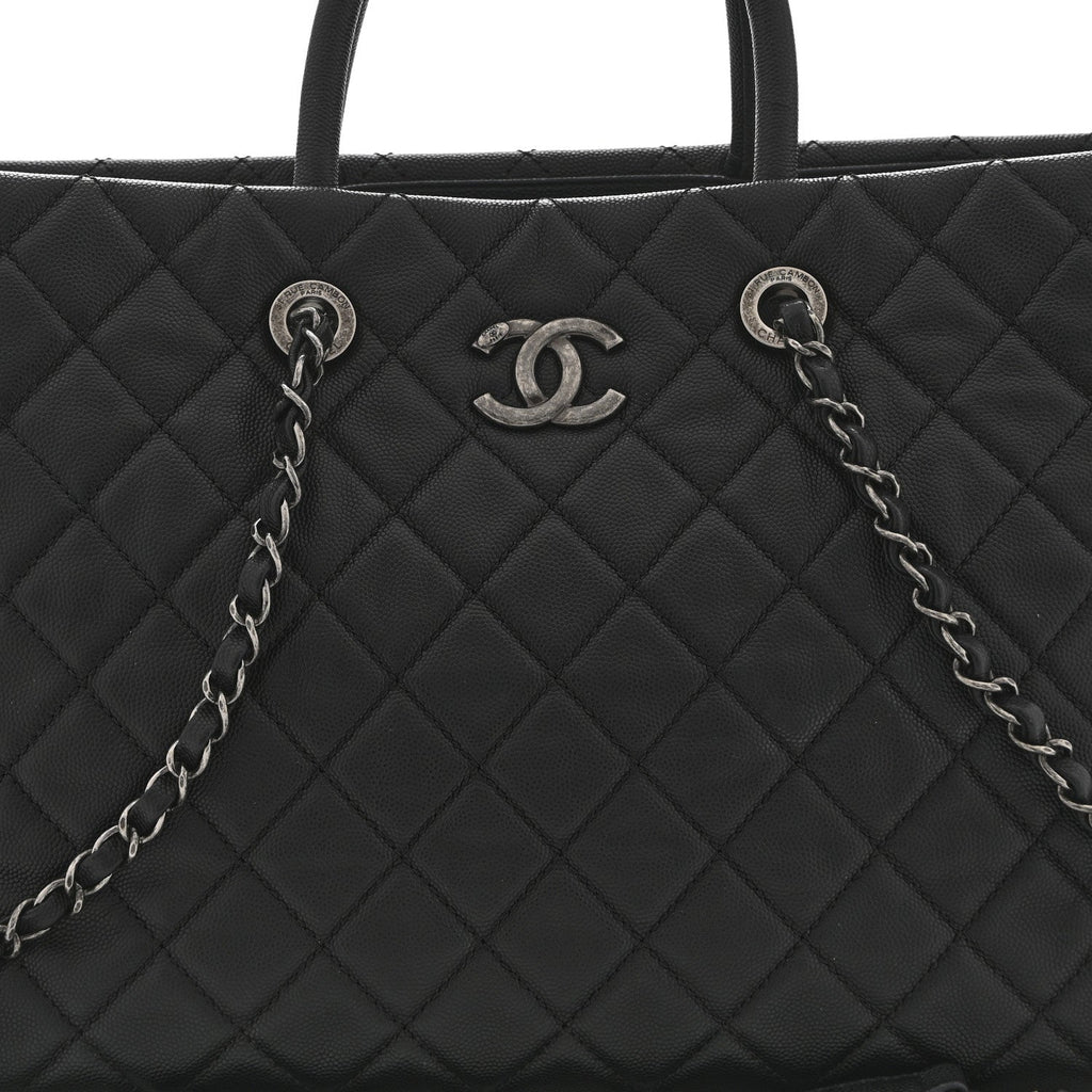 Caviar Quilted Large Coco Handle Shopping Tote Black