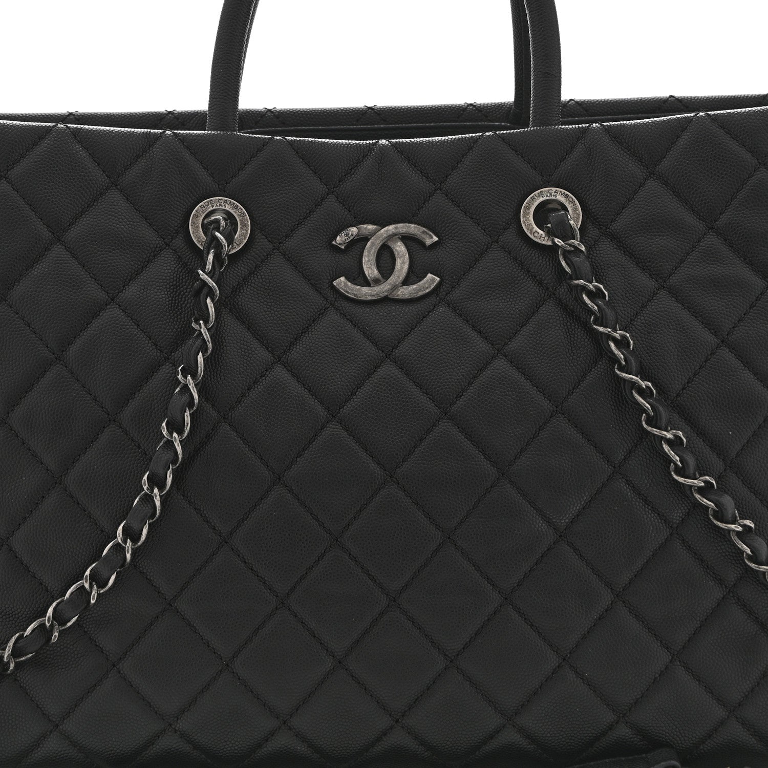 Caviar Quilted Large Coco Handle Shopping Tote Black