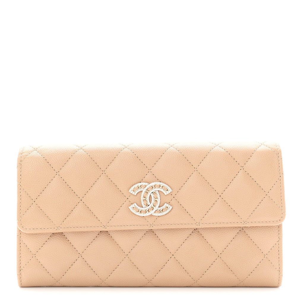 Caviar Quilted Crystal CC Large Gusset Flap Wallet Beige