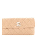 Caviar Quilted Crystal CC Large Gusset Flap Wallet Beige