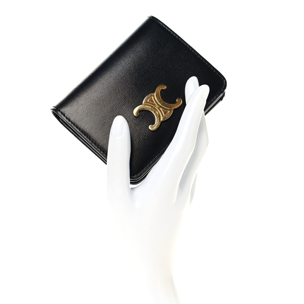 Shiny Calfskin Triomphe Compact Wallet Black