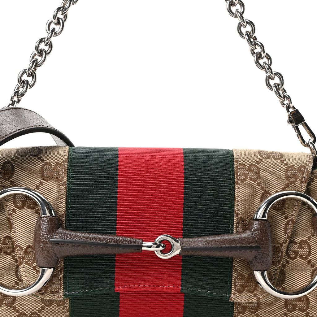 Monogram Textured Dollar Calfskin Heavy Grosgrain Web Small Maxi Horsebit Chain Shoulder Bag Beige Ebony New Acero