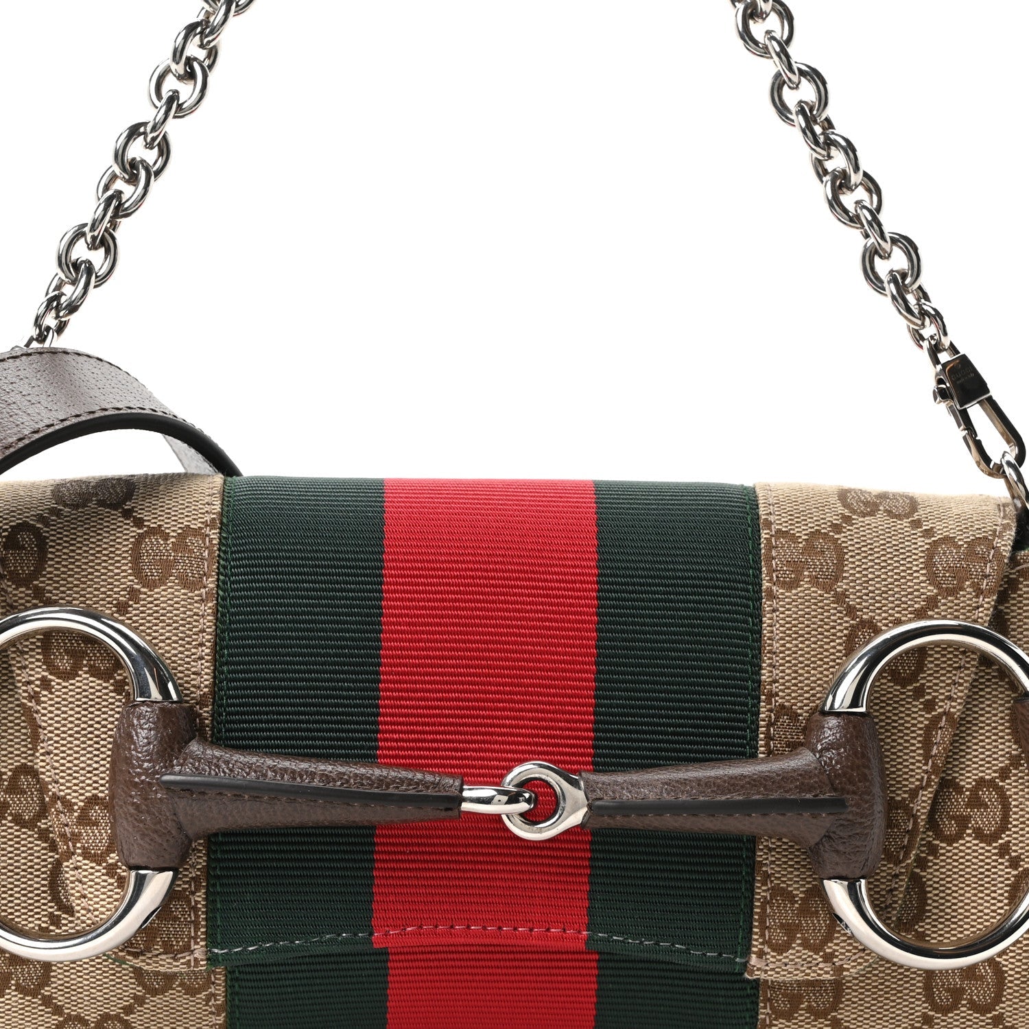 Monogram Textured Dollar Calfskin Heavy Grosgrain Web Small Maxi Horsebit Chain Shoulder Bag Beige Ebony New Acero