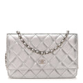 Metallic Lambskin Quilted Wallet On Chain WOC Silver