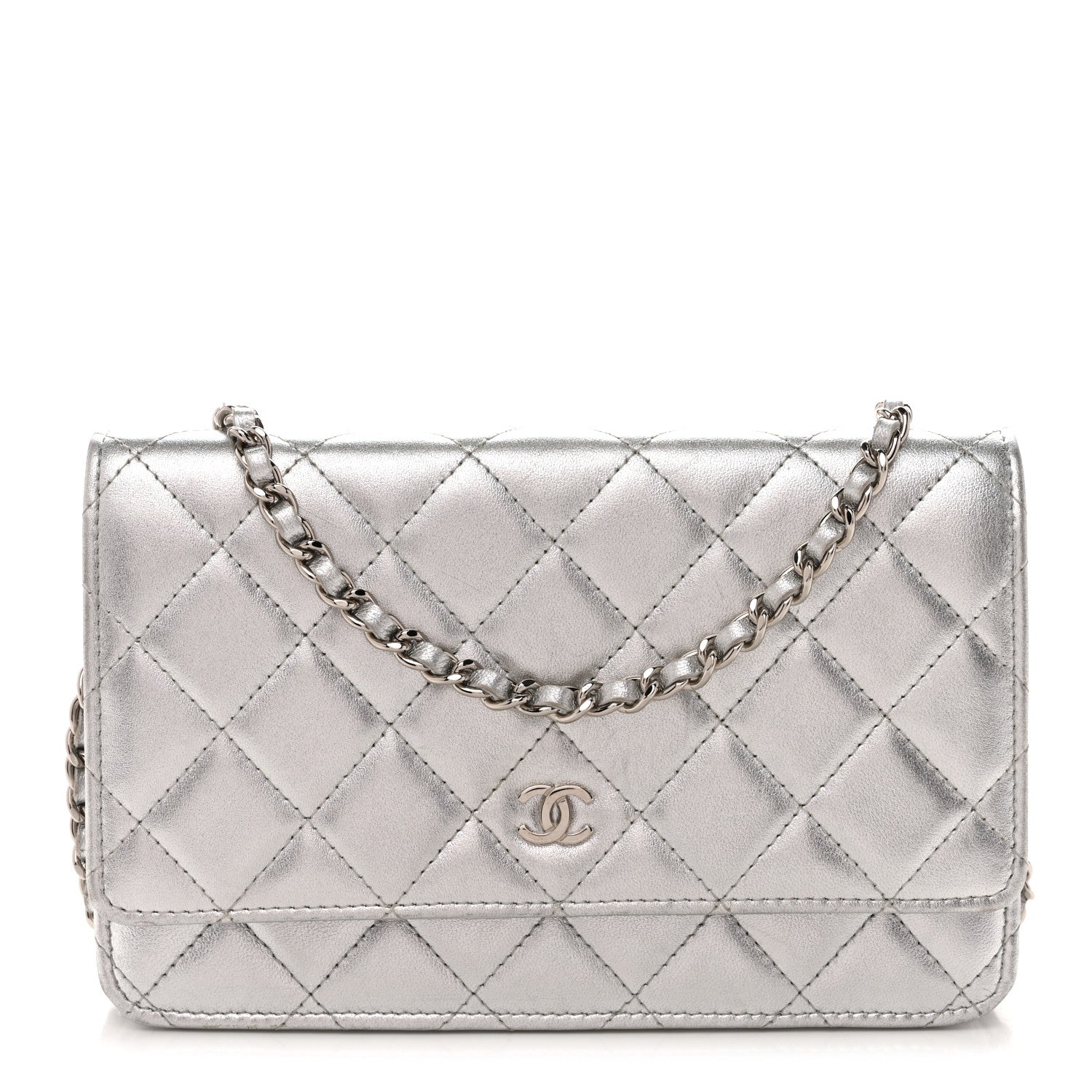 Metallic Lambskin Quilted Wallet On Chain WOC Silver