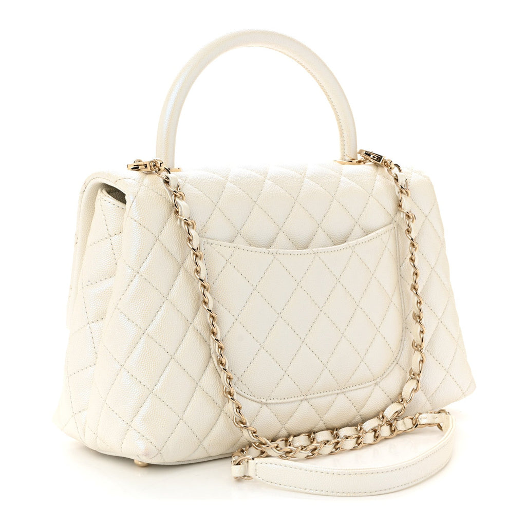 Iridescent Caviar Quilted Small Coco Handle Flap White