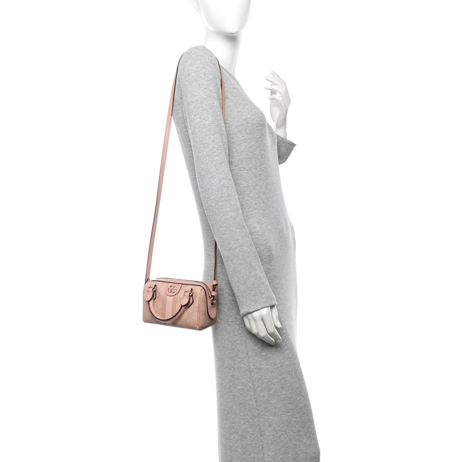 GG Supreme Monogram Textured Dollar Calfskin Web Super Mini Ophidia Top Handle Bowler Bag Rose Pink