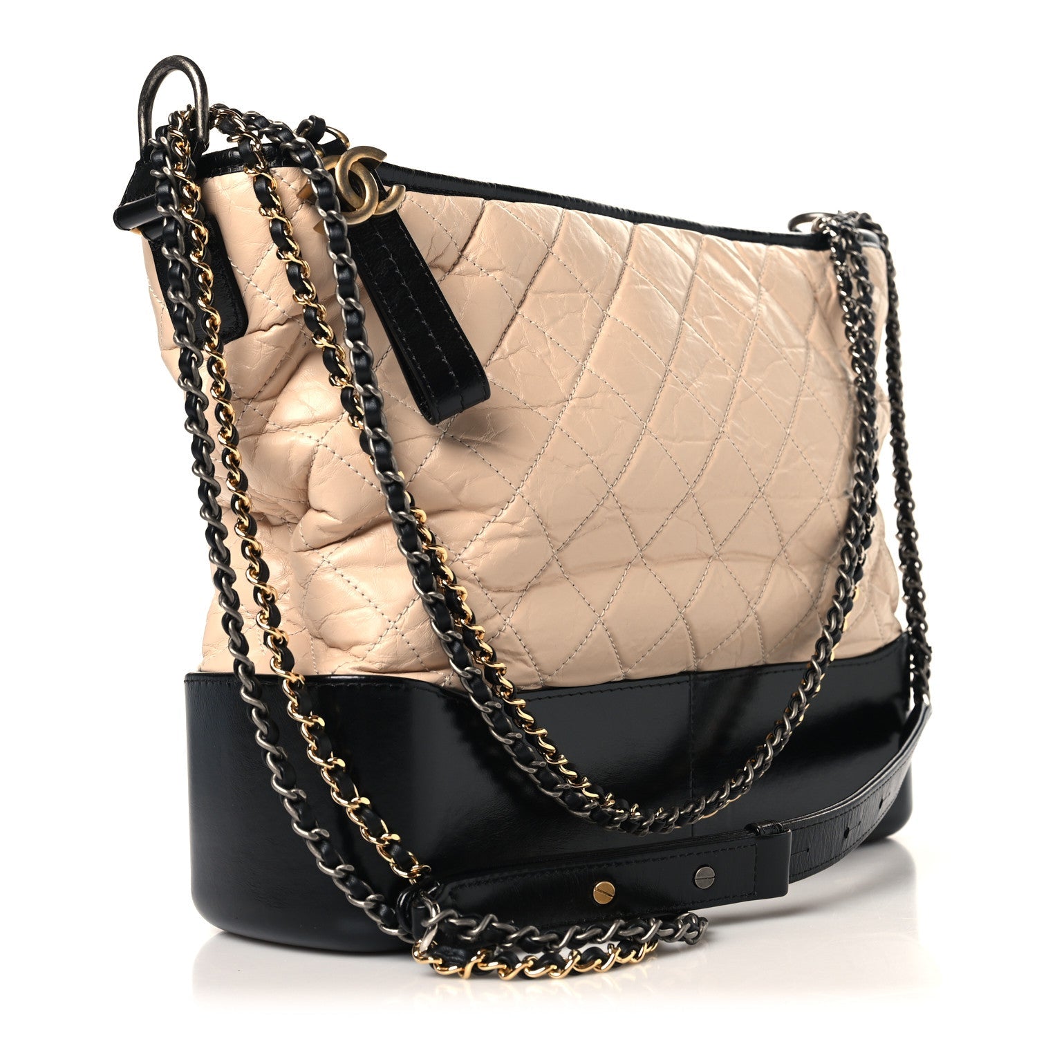 Aged Calfskin Quilted Medium Gabrielle Hobo Beige Black