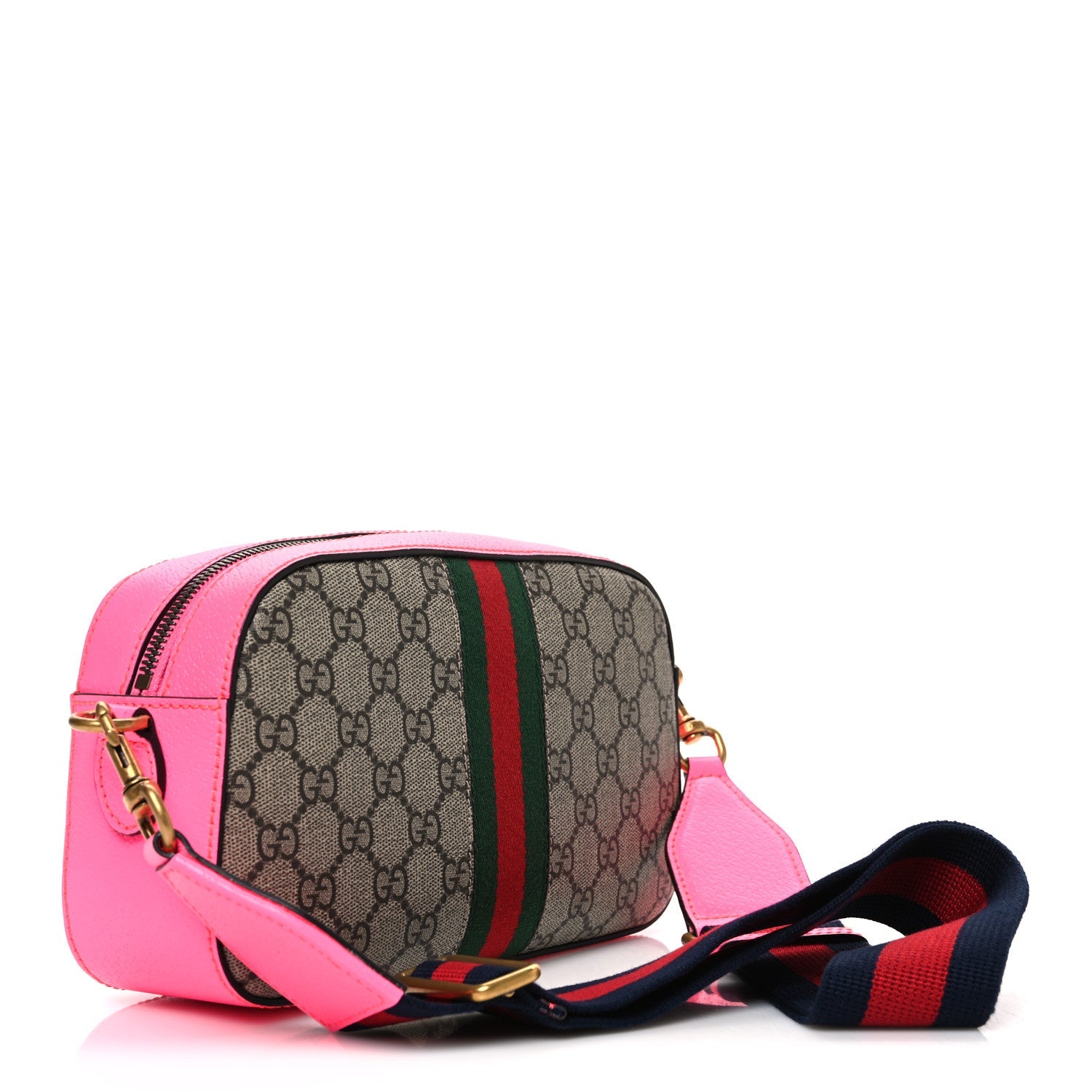 GG Supreme Monogram Textured Dollar Calfskin Web Ophidia Small Crossbody Bag Beige Ebony Fuchsia