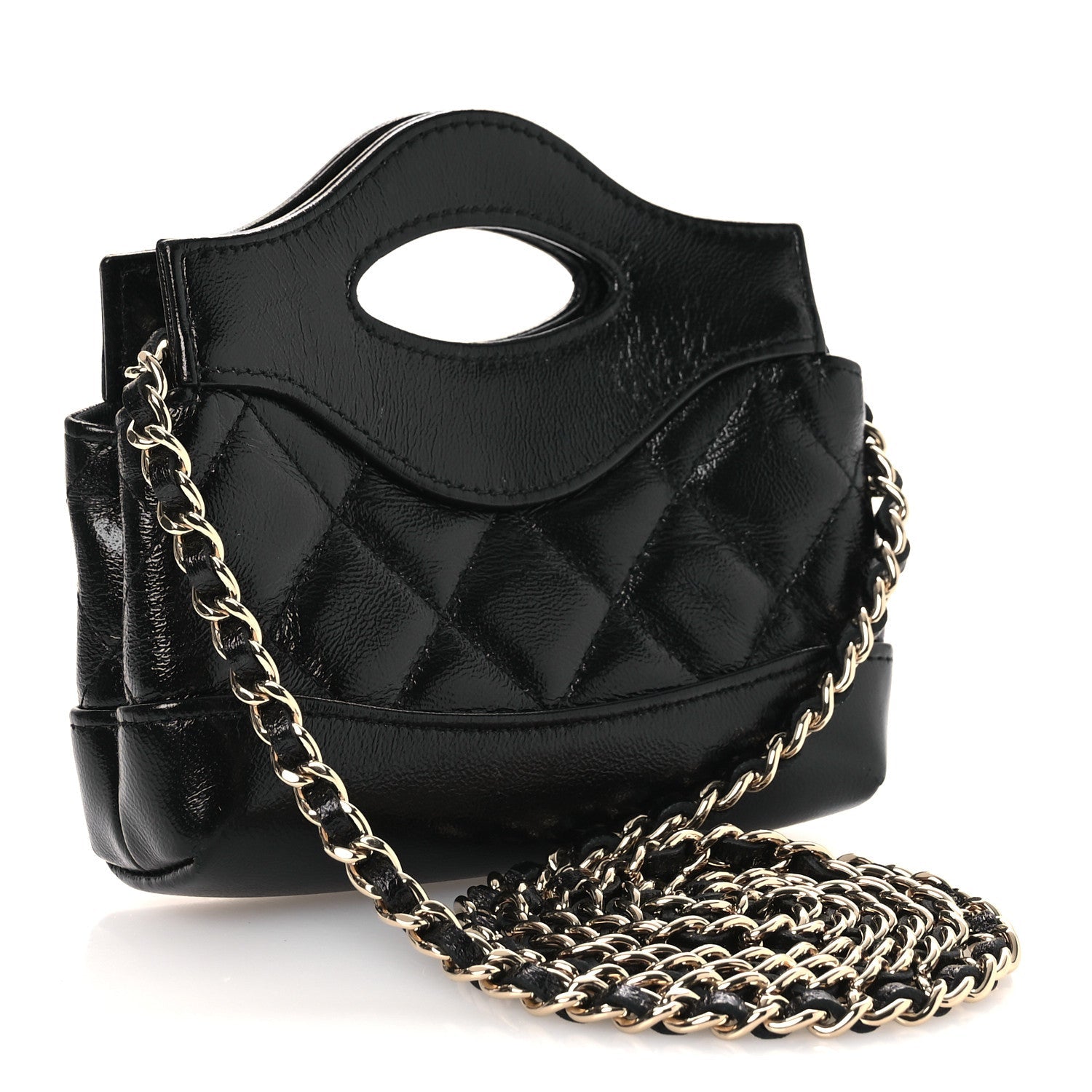 Shiny Lambskin Quilted Micro 31 Clutch With Chain Black