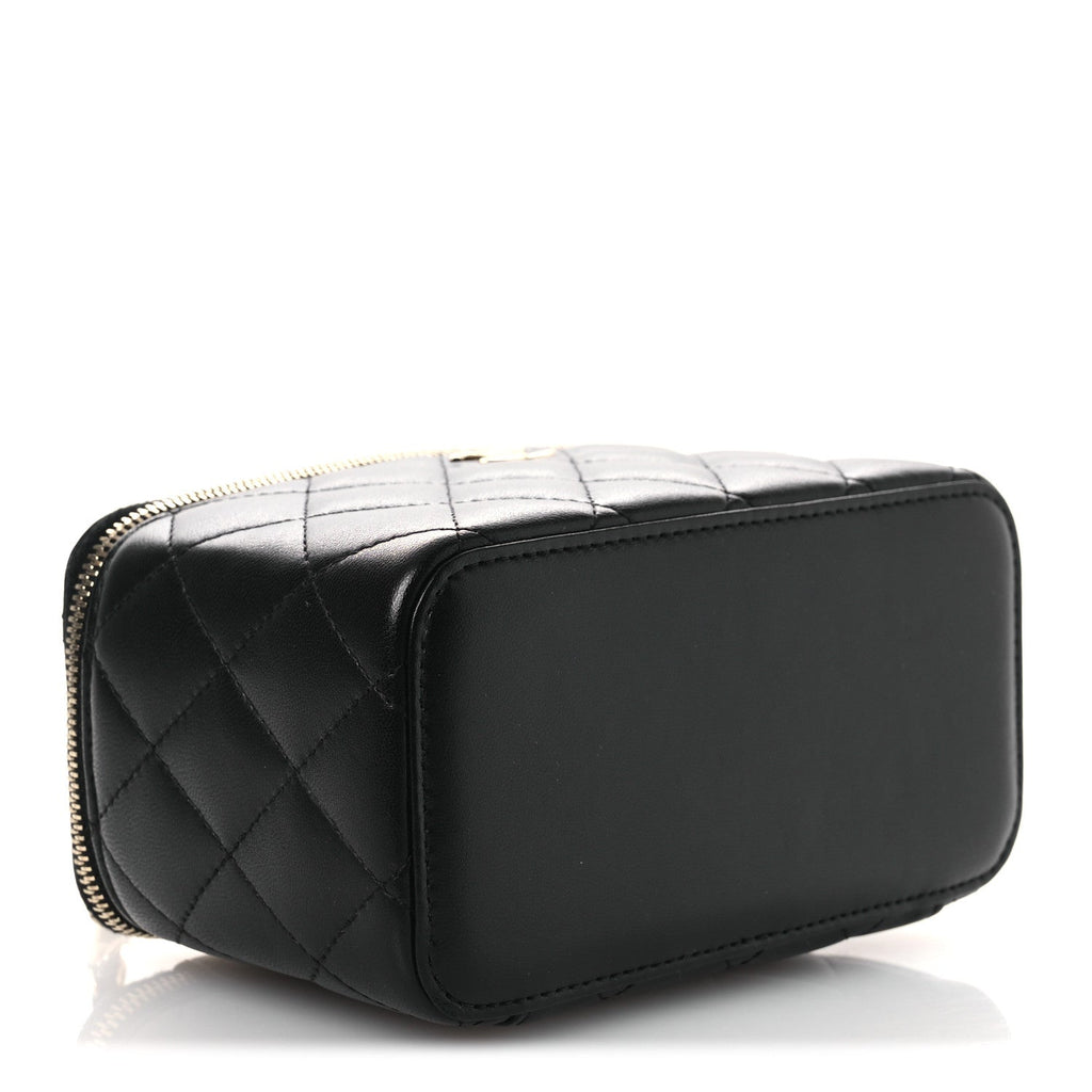 Lambskin Quilted Small Top Handle Vanity Case With Chain Black