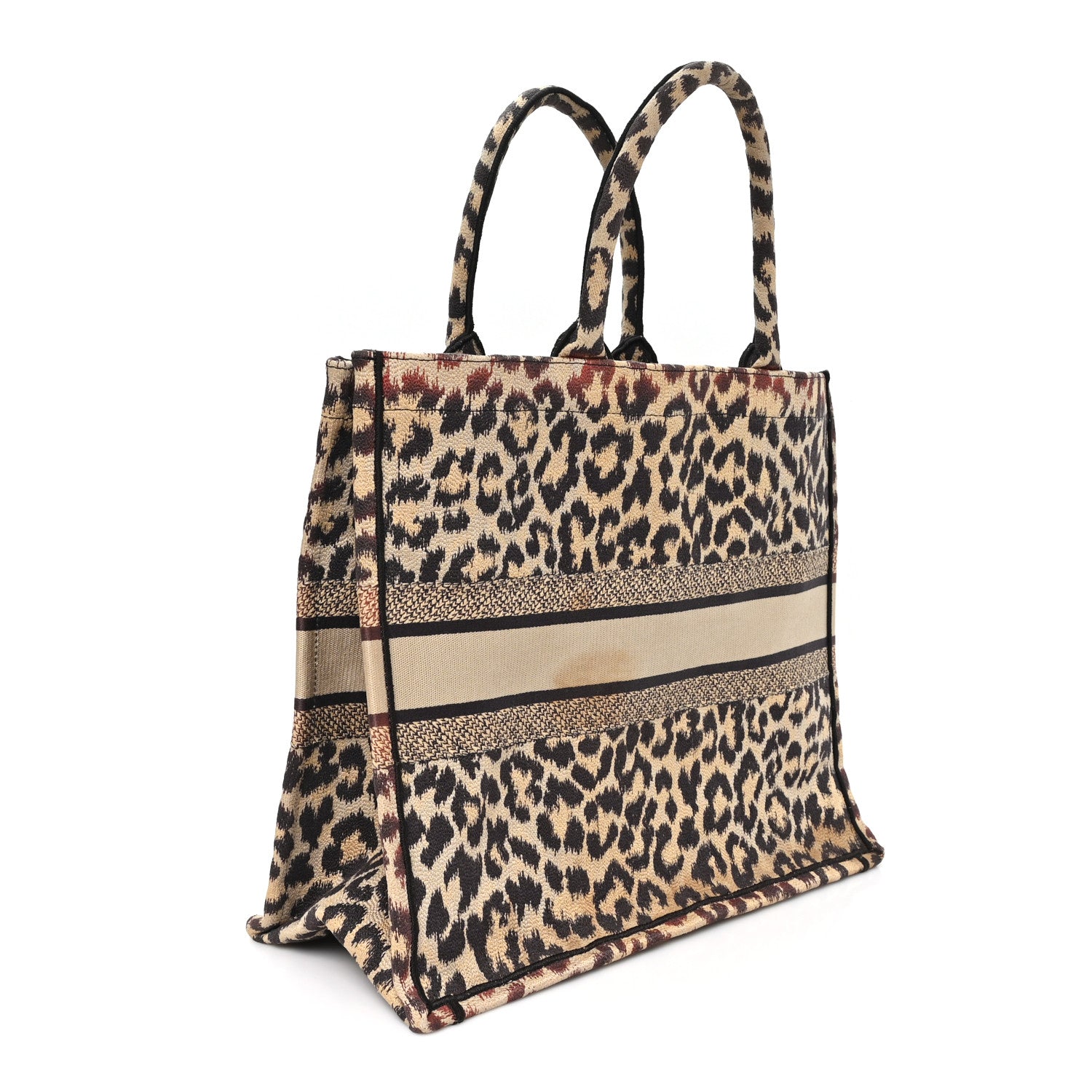 Canvas Mizza Embroidered Large Leopard Book Tote Beige