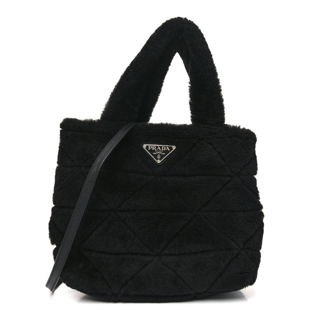 Shearling Nappa Triangle Quilted Patchwork System Tote Black