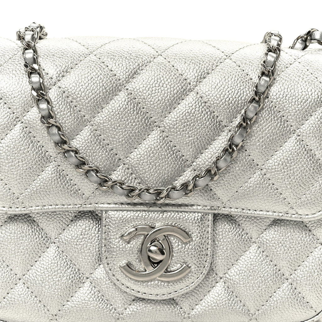 Metallic Caviar Quilted Mini Square CC Slide Flap Silver